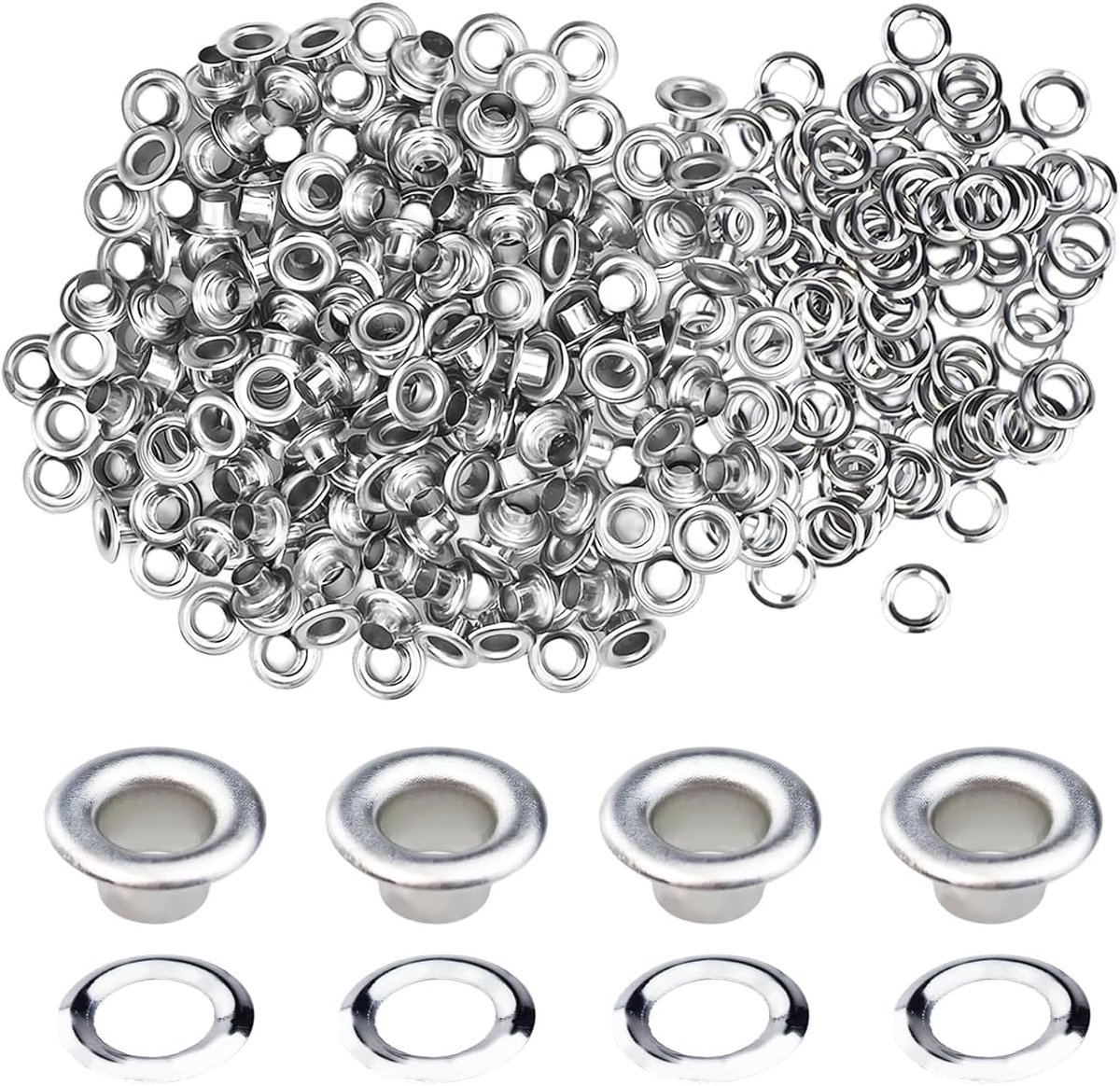 Set van 200 stuks ringen, 5 mm messing ringen, ringen en pakkingen, messing ringen, decoratieve accessoires voor stof, leer, riemen, schoenen en kleding (zilver)