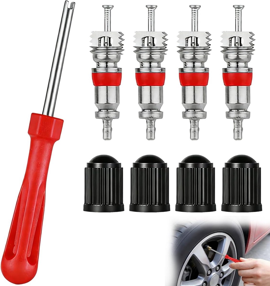 Ventielinzetverwijderaar, 9-delige reparatieset, 1 x ventielsleutel, 4 x ventielinzetstukken, 4 x ventieldoppen, voor auto, motorfiets en e-bike