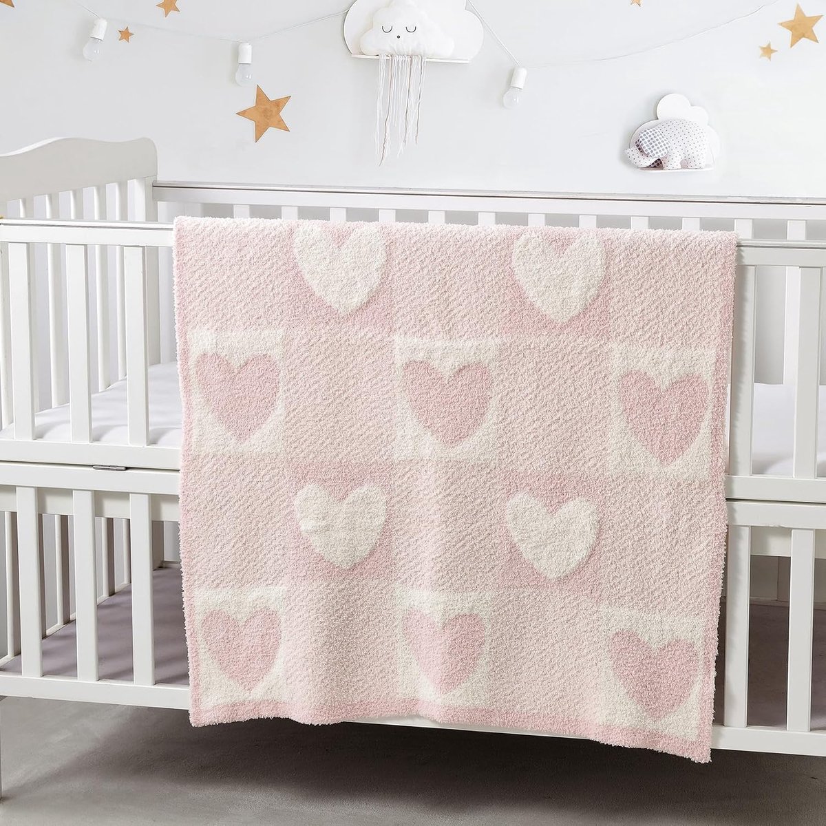 Babydeken, 76,2 x 101,6 cm, schattig, behaaglijk, wollig, warm, voor baby's en peuters, beddengoed voor wieg, kinderwagen, wolk grijs + roze hart, gebreid, 2 stuks