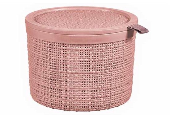 Panier de rangement rond rose aspect jute avec couvercle assorti et boucle.