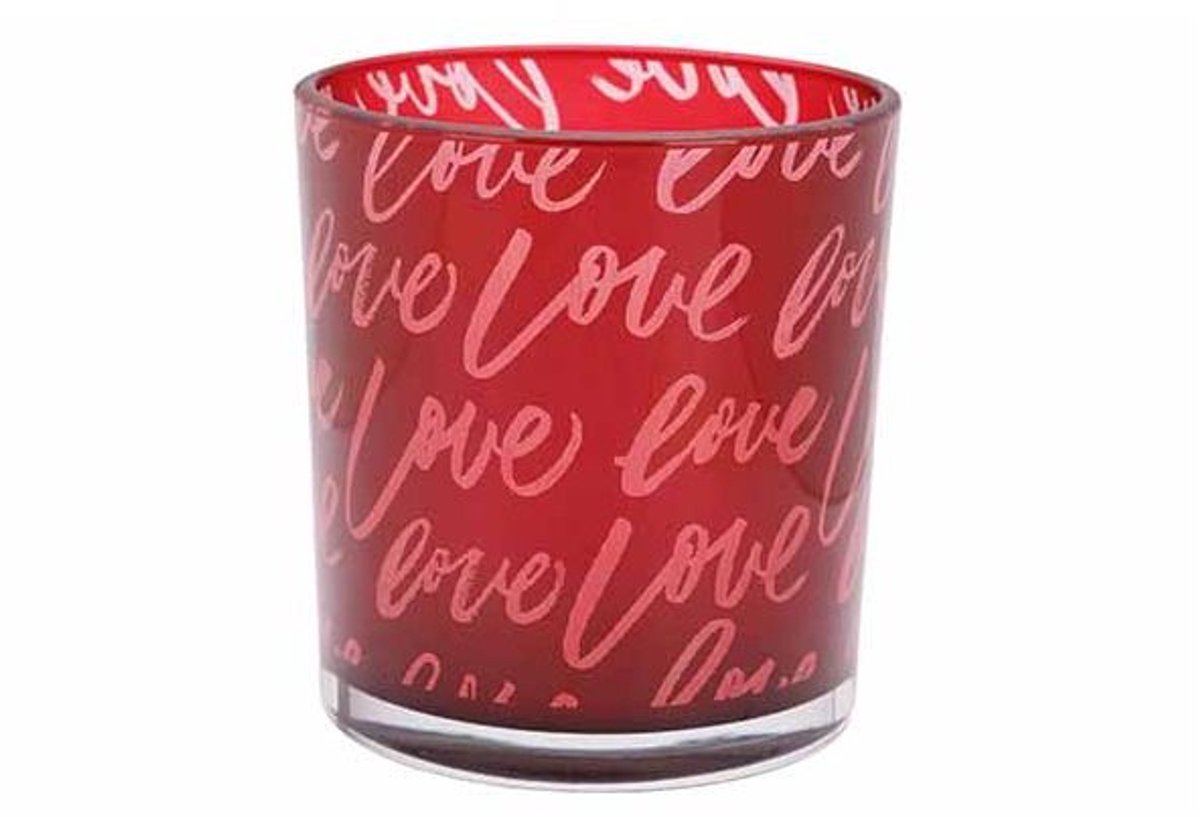 Theelichthouder Love Rood 7x7xh8cm Glas