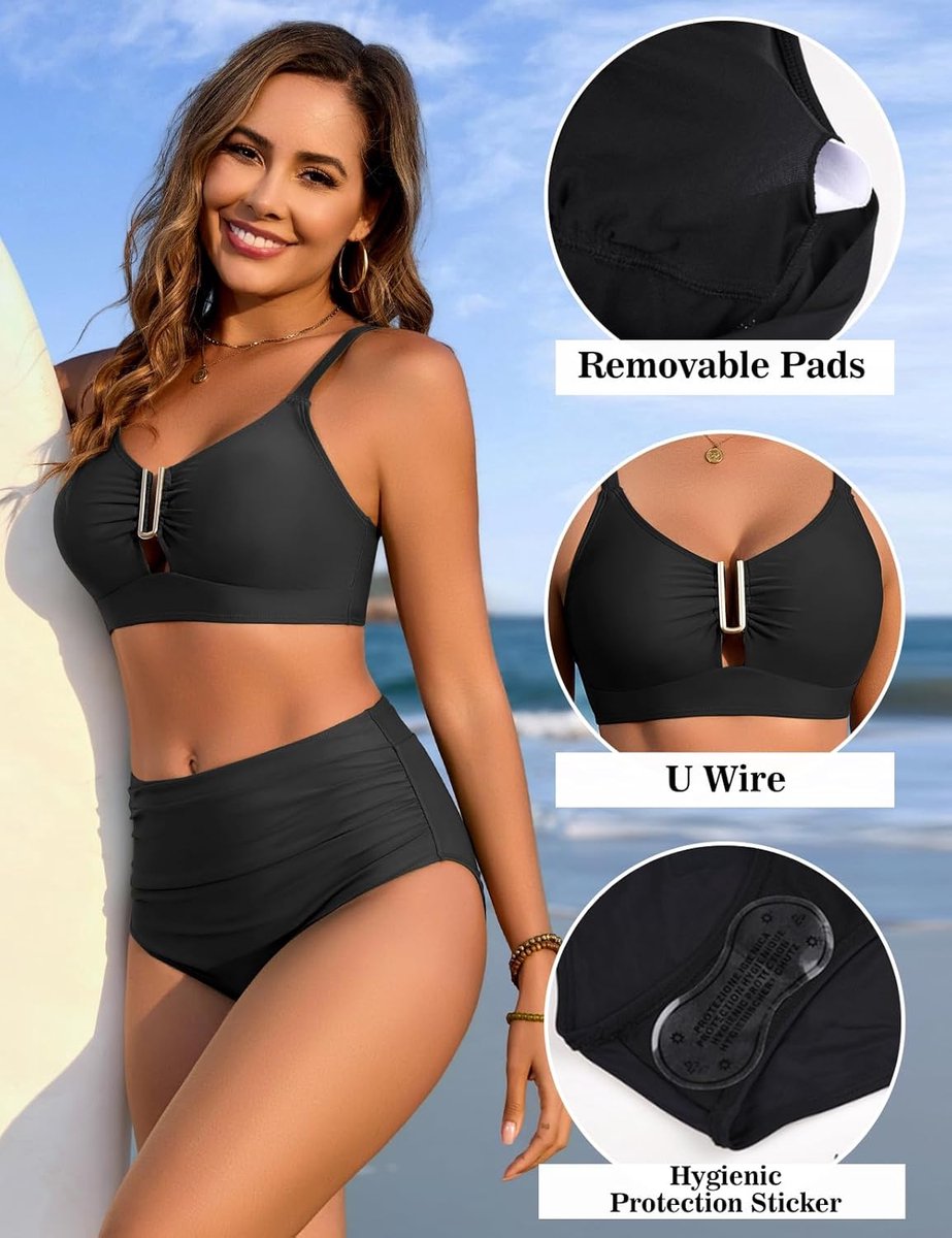 Badpak voor dames, tweedelig, push-up U-vorm, hoge taille, gevoerde beha, sexy badmode, metaal, U-hals, beachwear