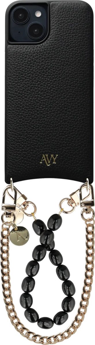 AVY Leren Hoesje Geschikt voor Apple iPhone 14 / 13 | Compatibel met MagSafe | Leather Case met Telefoonkoord | 2 Polsbandjes | Zwart | Rosario Gold Set