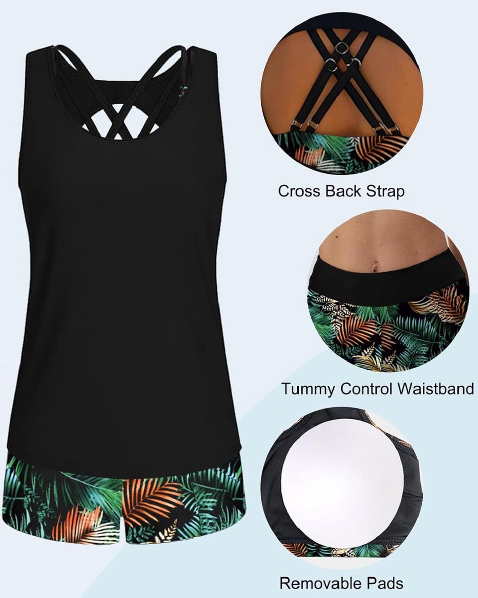 Tankini voor dames, buikreducerende tankini, badpak, top-bikini, push-up broek, shorts voor dames, met platte pijpen, badpak voor dames, 3-delig