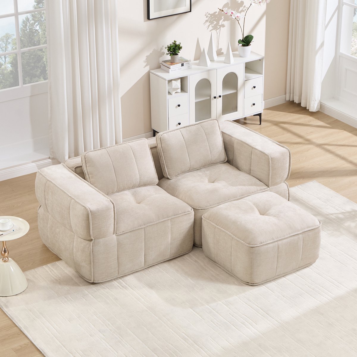 Moderne Hoekbank, L-Bank, 2-Zits bank, L-Vormige Modulaire Tweezitsbank Zonder Frame Met Voetenbank, 32D Schuim Met Hoge Dichtheid, Diepe Zitting, Huidvriendelijke Stof, Antislip, Voor Woonkamers En Appartementen-Beige