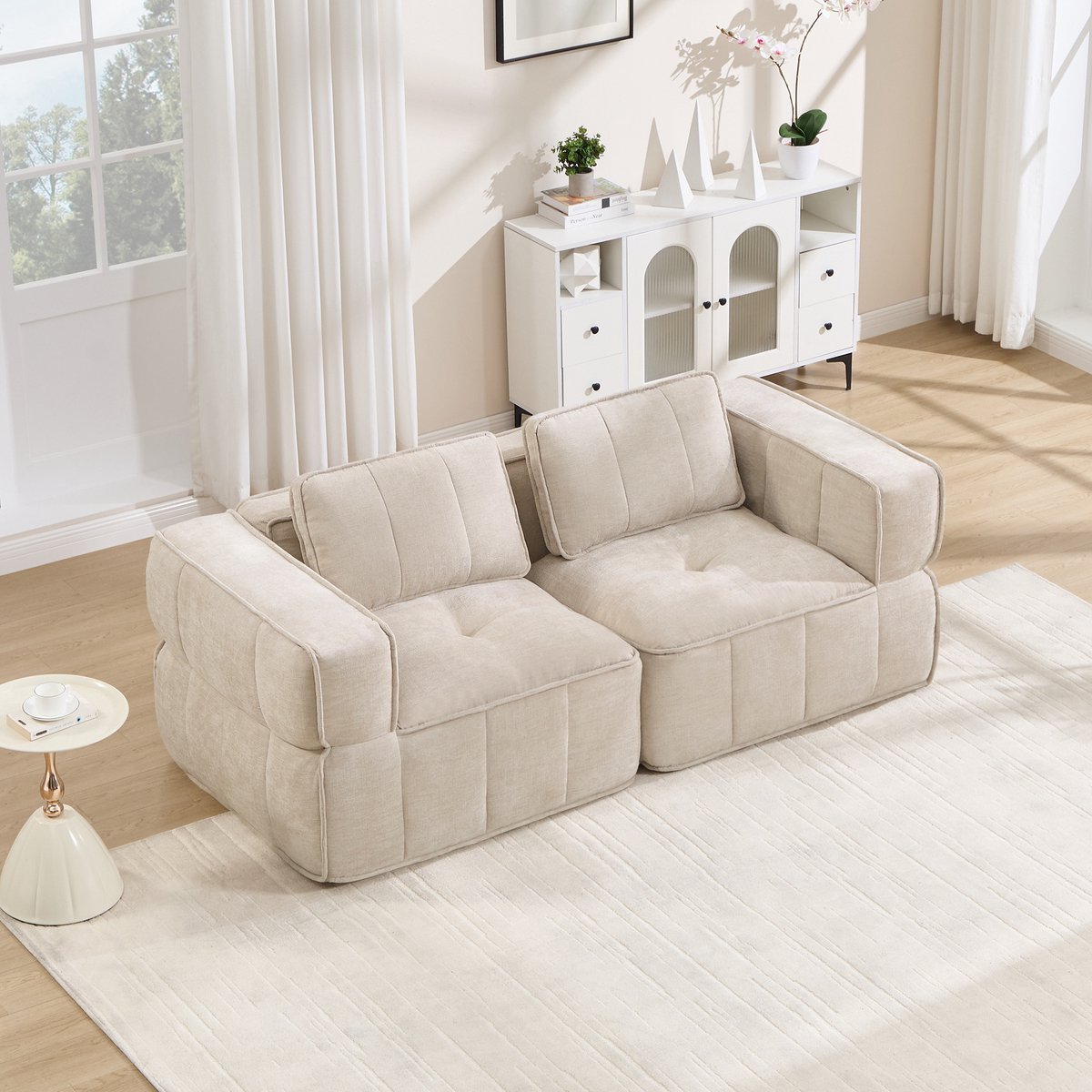 Moderne Tweezitsbank, Modulaire Hoekbank Zonder Frame, 32D Schuim Met Hoge Dichtheid, Diepe Zitting, Zachte En Comfortabele Bekleding, Voor Woonkamers En Appartementen, Geen Montage Nodig-Beige