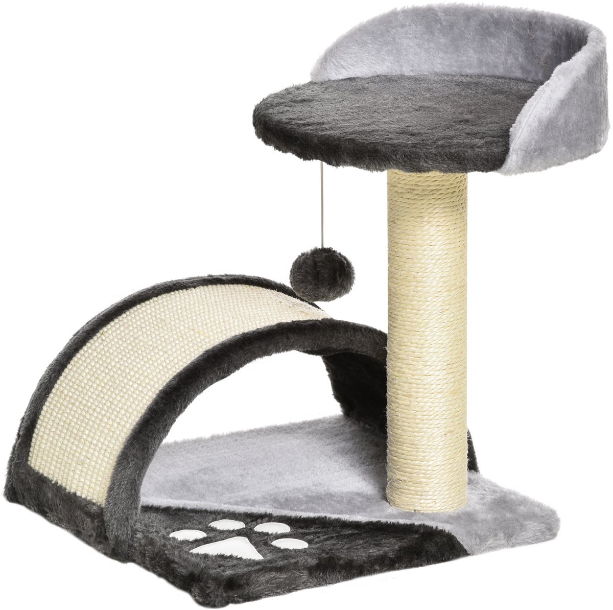 Krabpaal voor katten met pluche bal & ligkom, hoogte 46 cm, kattenboom met van natuurlijk sisal, gezellige ligplek & hol, incl. wandbevestiging, geschikt voor kleine & grote katten, grijs