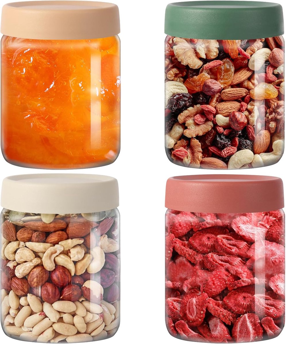 KZQ Glazen pot - Voorraadpotten - Pot voor overnight oats - Set van 4 - Met deksel - Glazen voedselcontainer van 480 ml - Materiaal van voedselkwaliteit - Geschikt voor het maken van overnight oats en yoghurt.