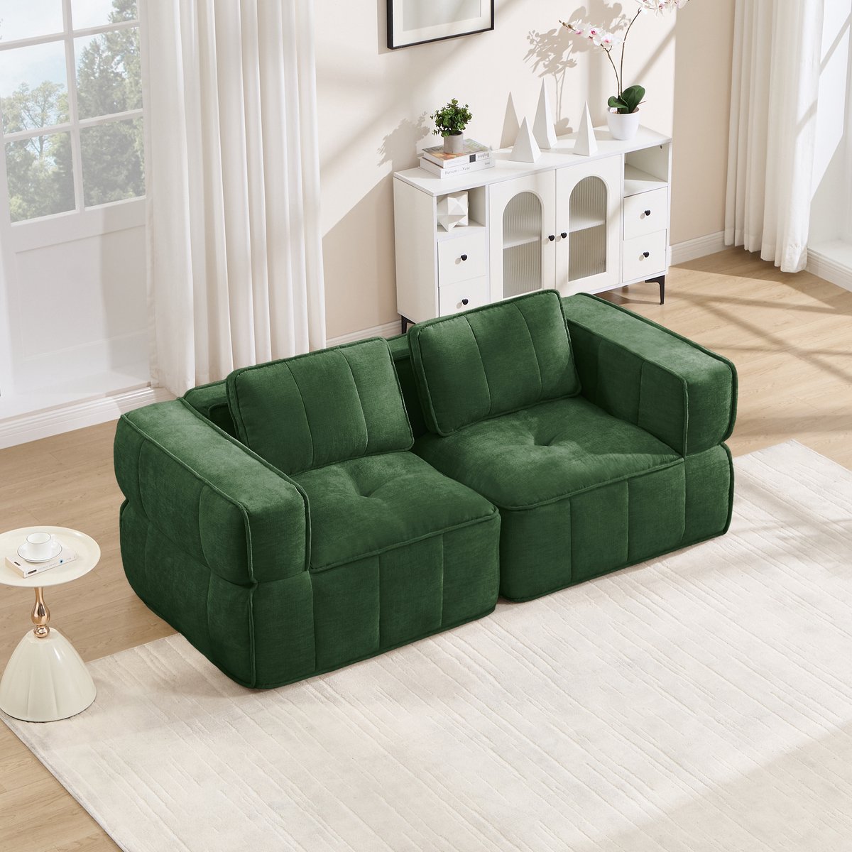 Moderne Tweezitsbank, Modulaire Hoekbank Zonder Frame, 32D Schuim Met Hoge Dichtheid, Diepe Zitting, Zachte En Comfortabele Bekleding, Voor Woonkamers En Appartementen, Geen Montage Nodig-Groente