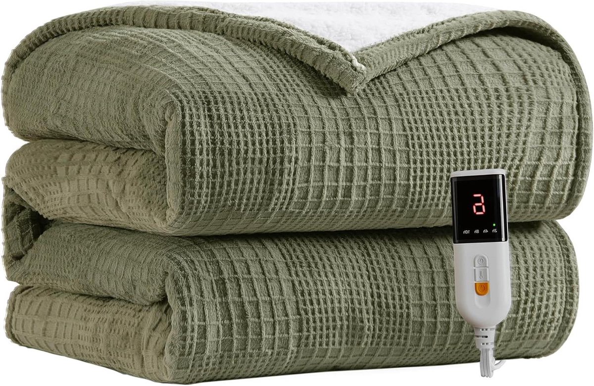 Elektrische Deken - Verwarmde Deken - Warm Blijven - 9 Warmtestanden - 130x160 cm - Grijs Groen
