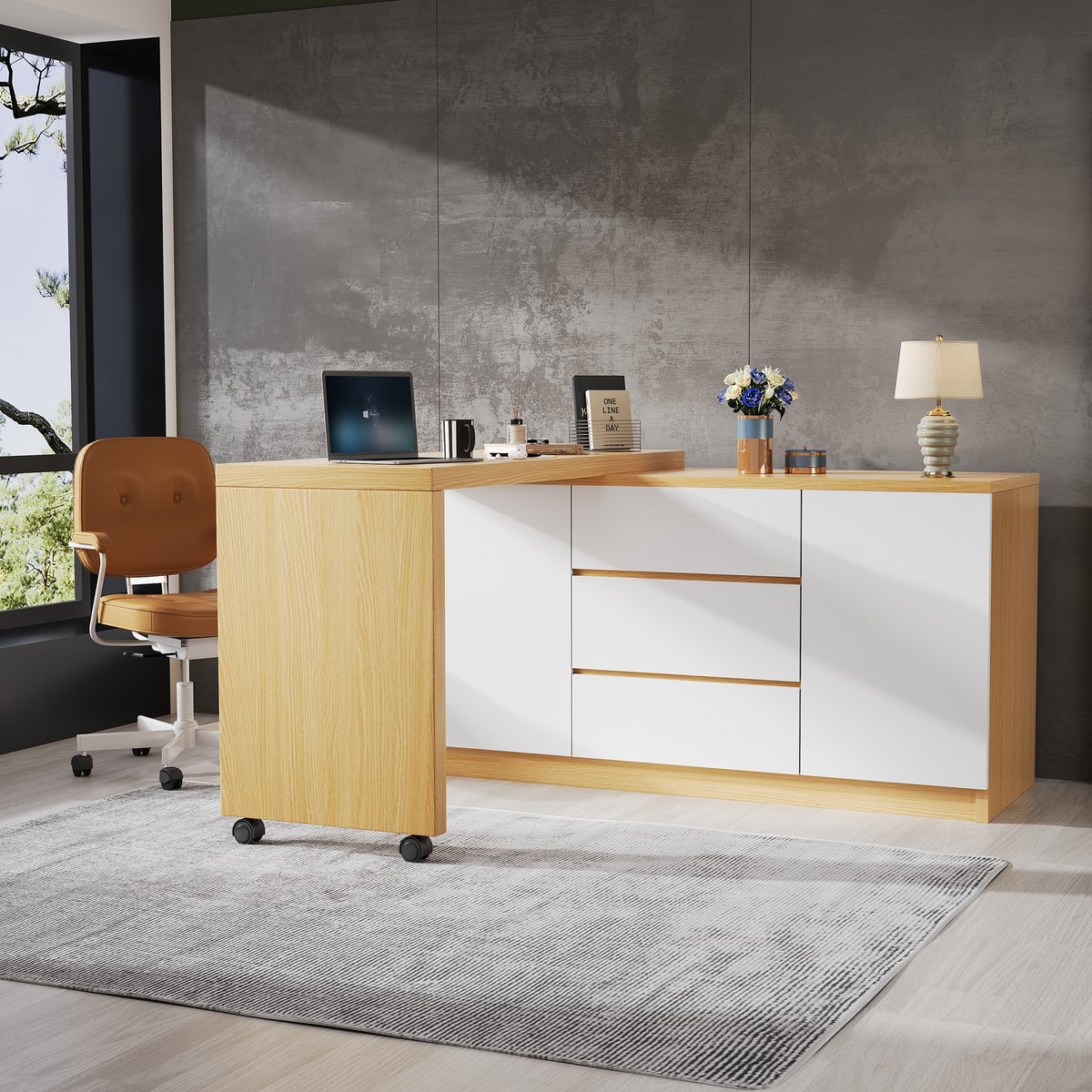 Sweiko Hoekbureau - Bijzettafel - 3 lades - Verstelbare planken - Met wieltjes - Draaibaar - Wit + Eikenkleur