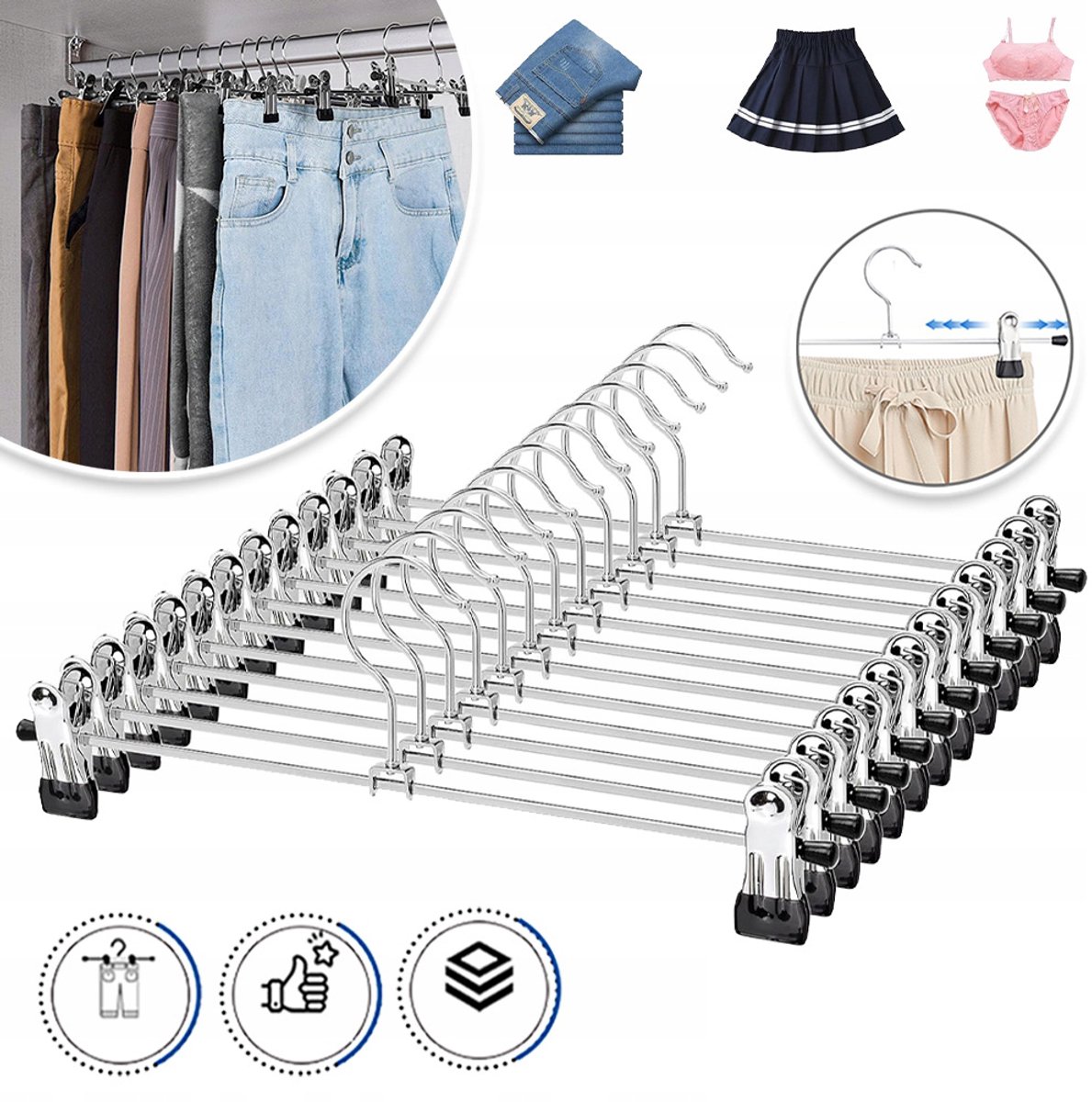 12 Metalen Cliphangers Met Verstelbare Clips En Antislipgrepen - Verchroomd Slank (30 cm) Robuust - Voor Rokken, Shorts, Stropdassen En Yogabroeken