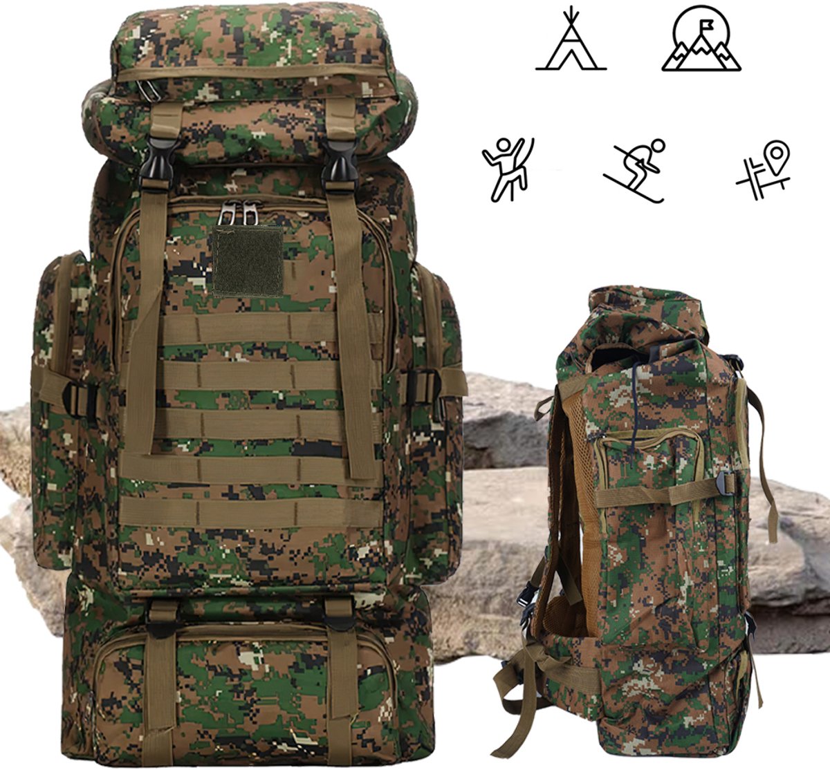 Waterdichte Kampeer Rugzak Met Anatomische Schouderbanden En Ventilatie – Duurzaam Oxford-Doek Comfortabele Pasvorm Lichtgewicht – Voor Outdooravonturen En Trektochten – Jungle Camouflage