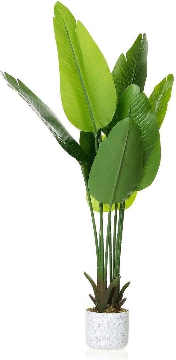 HOERFURIY Kunst Banaanboom 116cm - Reizigerspalm - UV-bestendig - Met verzwaarde pot voor woonkamer en terrasdecoratie