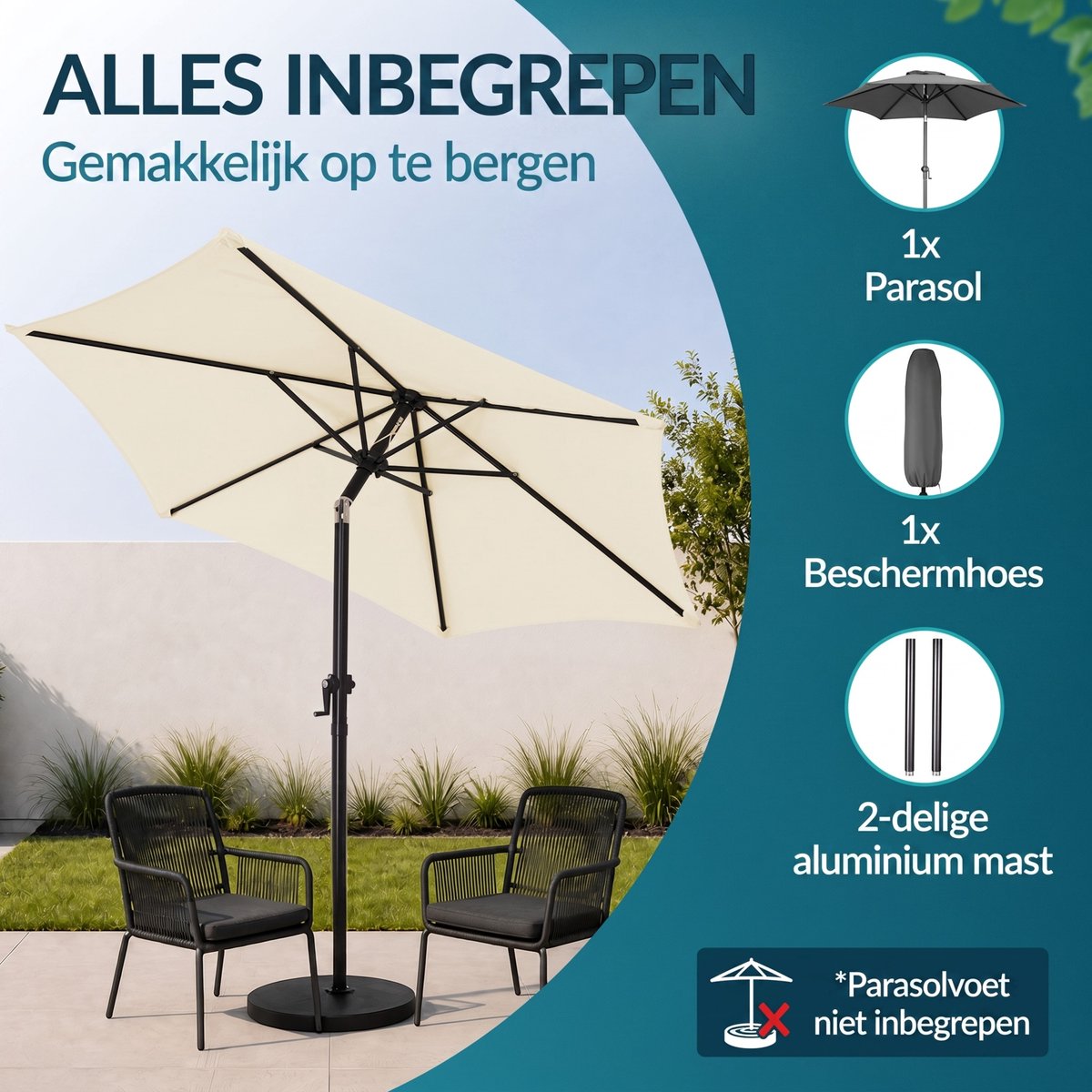 Kingsleeve Parasol 200cm - met Zwengel en Kantelmechanisme - Beige – foto 5