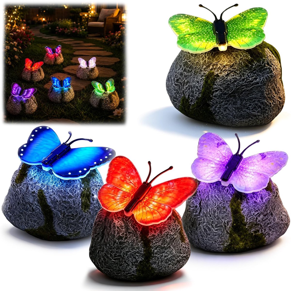 Namajunas - 4-stuks Tuinverlichting met vlinderstenen - Energiezuinig - Solar Tuinverlichting - buitenlamp - Sfeerverlichting - Tuin Decoratie voor Buiten - Waterafstotend - Tuinverlichting op Zonneenergie -Tuinbeelden voor buiten