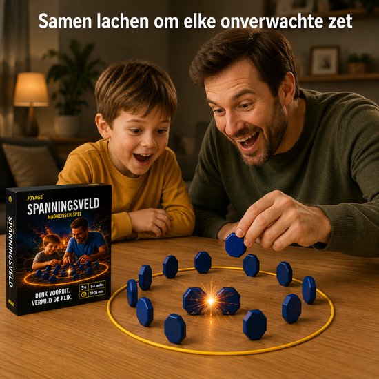 Vader en zoon lachen om het Spanningsveld magnetisch spel met blauwe stenen op een geel touw.