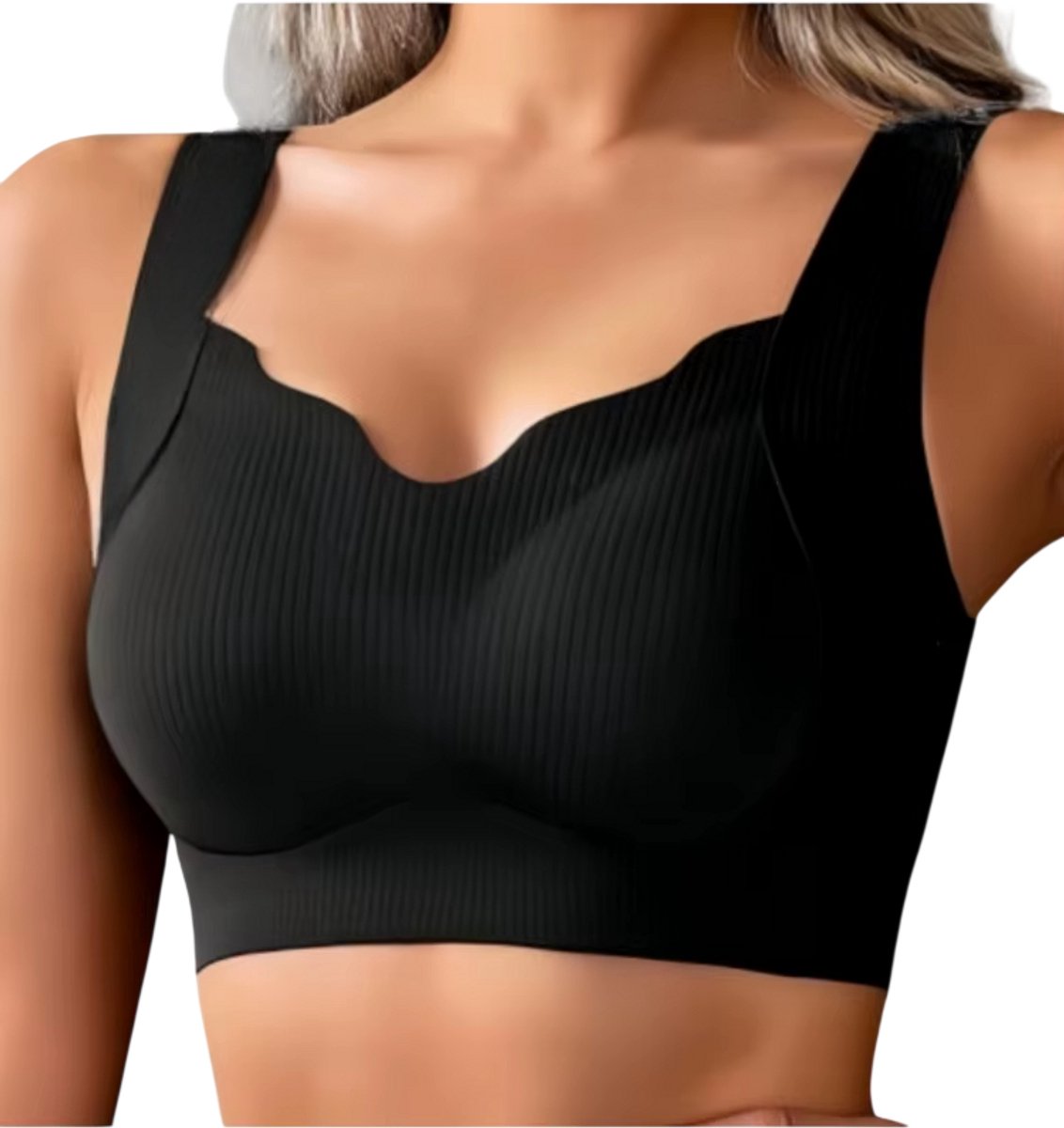 Dames BH Zonder Beugel – Geribbelde Push-Up BH, Naadloze Comfort BH met Brede Band, Grote Maten Lingerie voor Dagelijks Gebruik - Zwart - Maat L