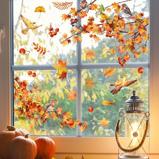 1 Herfst Esdoornblad Raamsticker - 40×30cm - Inclusief takken, vogels en hazelnootmotieven - Gemakkelijk aan te brengen - Statische hechting - Verwijderbaar - Geschikt voor woonkamers, slaapkamers en landelijke interieurs