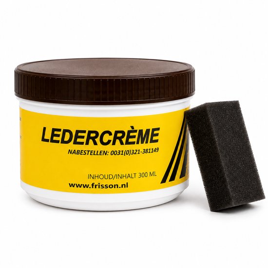 Witte pot met bruine dop, 'Leclercrème' erop. Naast de pot ligt een zwarte spons. De pot bevat 300 ml.