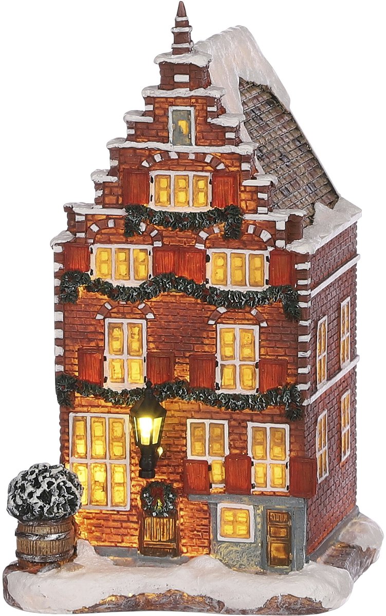 Luville Kerstdorp Miniatuur Grachtenpand - Kerstversiering en Guirlande Details voor een Sfeervolle Decoratie - Kerst Decoratie voor Binnen - L10,5 x B11,5 x H18,5 cm - Bruin