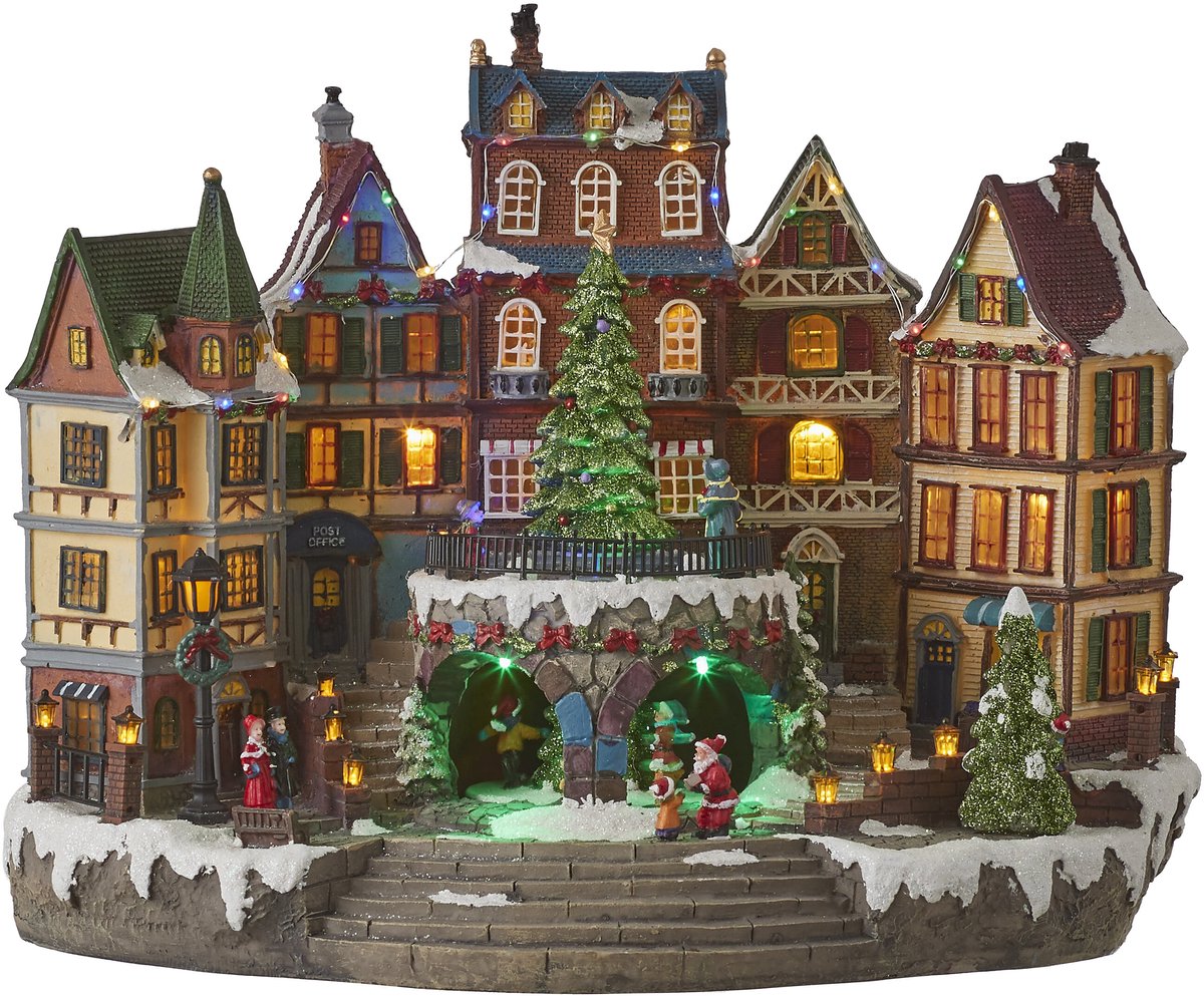 Luville Kerstdorp Miniatuur Dorpsplein - Kerstversiering met Draaiende Kerstboom - Kerstslingers voor Sfeervolle Aankleding - Kerst Deco Dorpje - L42 x B25 x H32 cm - Meerkleurig