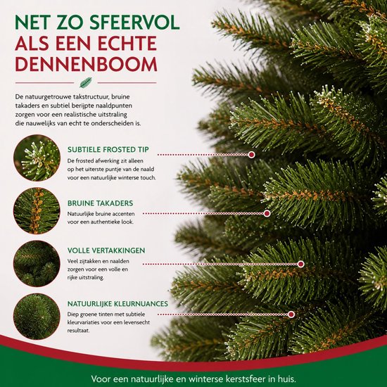 Close-up van een groene kerstboom met bruine takken en frosted tips. Met tekst over de natuurlijke uitstraling.