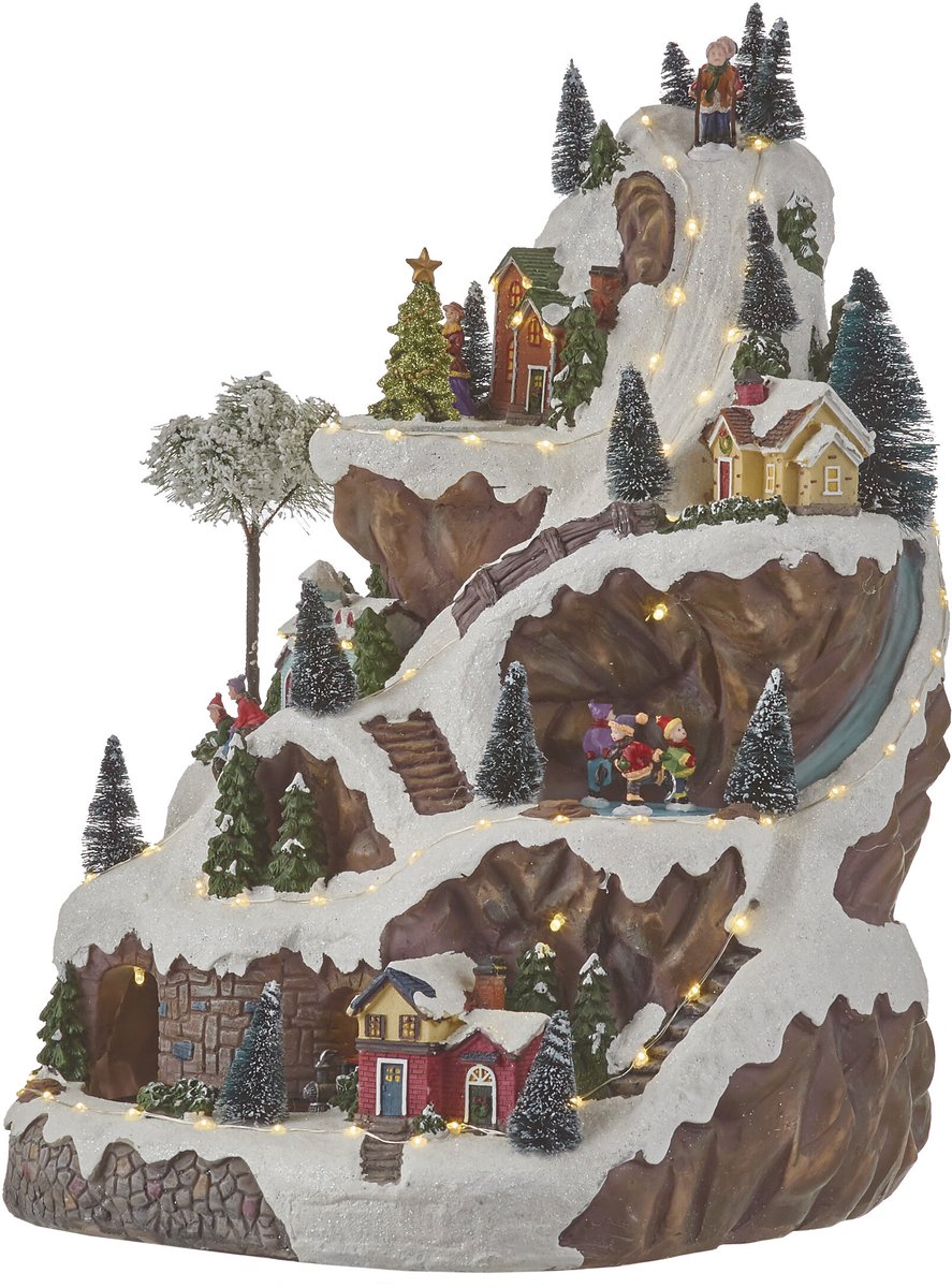 Luville Kerstdorp Miniatuur Skipiste - Kerstversiering met Ronddraaiende Kerstboom en Rijdend Treintje - Kerst Decoratie met Verlichte Huisjes - Inclusief Adapter - L33 x B31 x H46 cm - Meerkleurig
