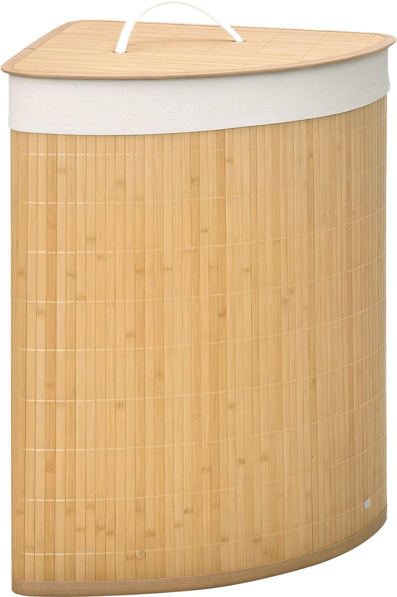 Bamboe wasmand met deksel, 55 liter, wasverzamelaar met handgrepen, uitneembare waszak, hoekwasbak, wasmand voor bijkeuken, badkamer, slaapkamer, 38 x 38 x 57 cm, naturel houtkleur en wit