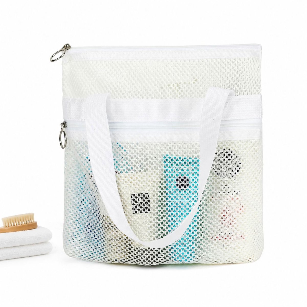 VHV - Douchetas mesh 25 x 7 x 26 cm - Sneldrogende toilettas met 2 ritsvakken en ophanghaak - wit