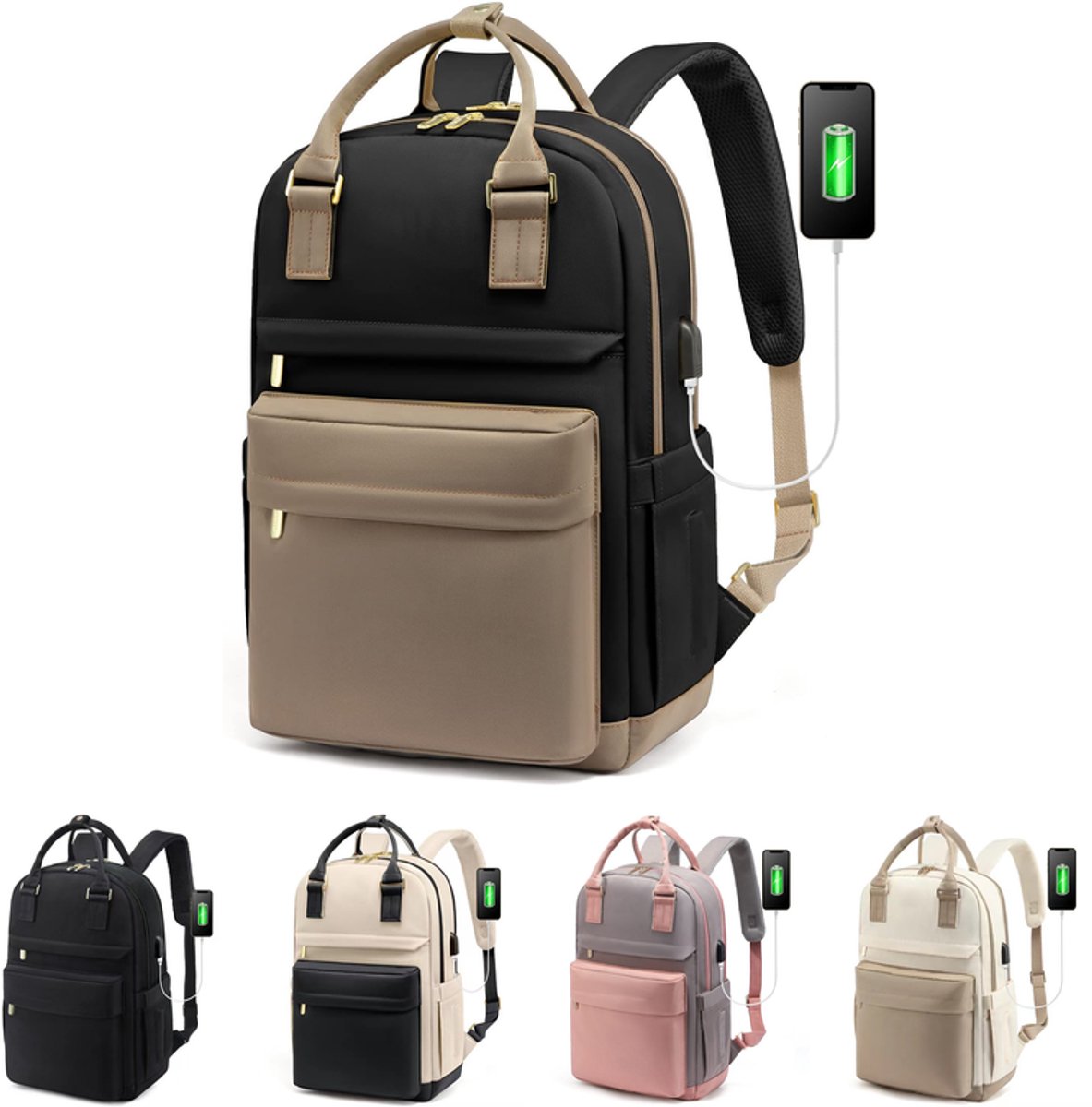 KZQ Waterdichte Laptop Rugzak - Met USB Poort - 15.6 Inch - Voor Dames Meisjes - School Werk College - Khaki/Zwart