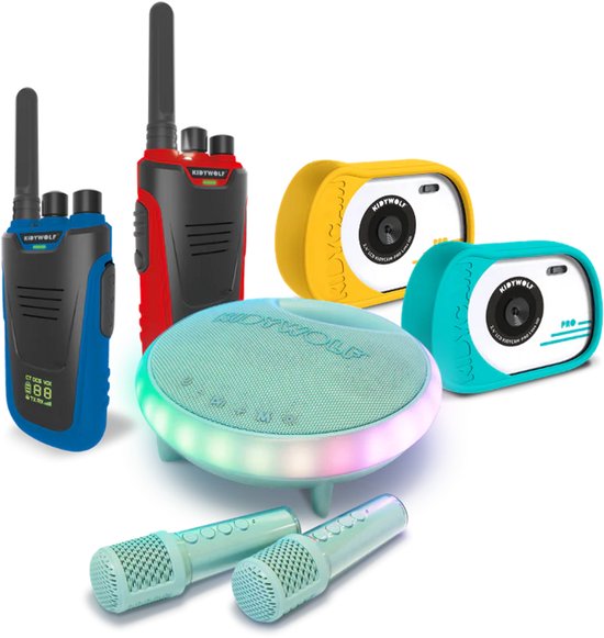 Een Kidywolf productcollectie: blauwe en rode walkietalkies, een mintgroene speaker met lichtjes, twee mintgroene microfoons, en gele en turquoise camera's.