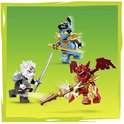 Drie NINJAGO actiefiguren: Zilvar, Grimtak en een blauwe ninja met gouden details, klaar voor gevecht.