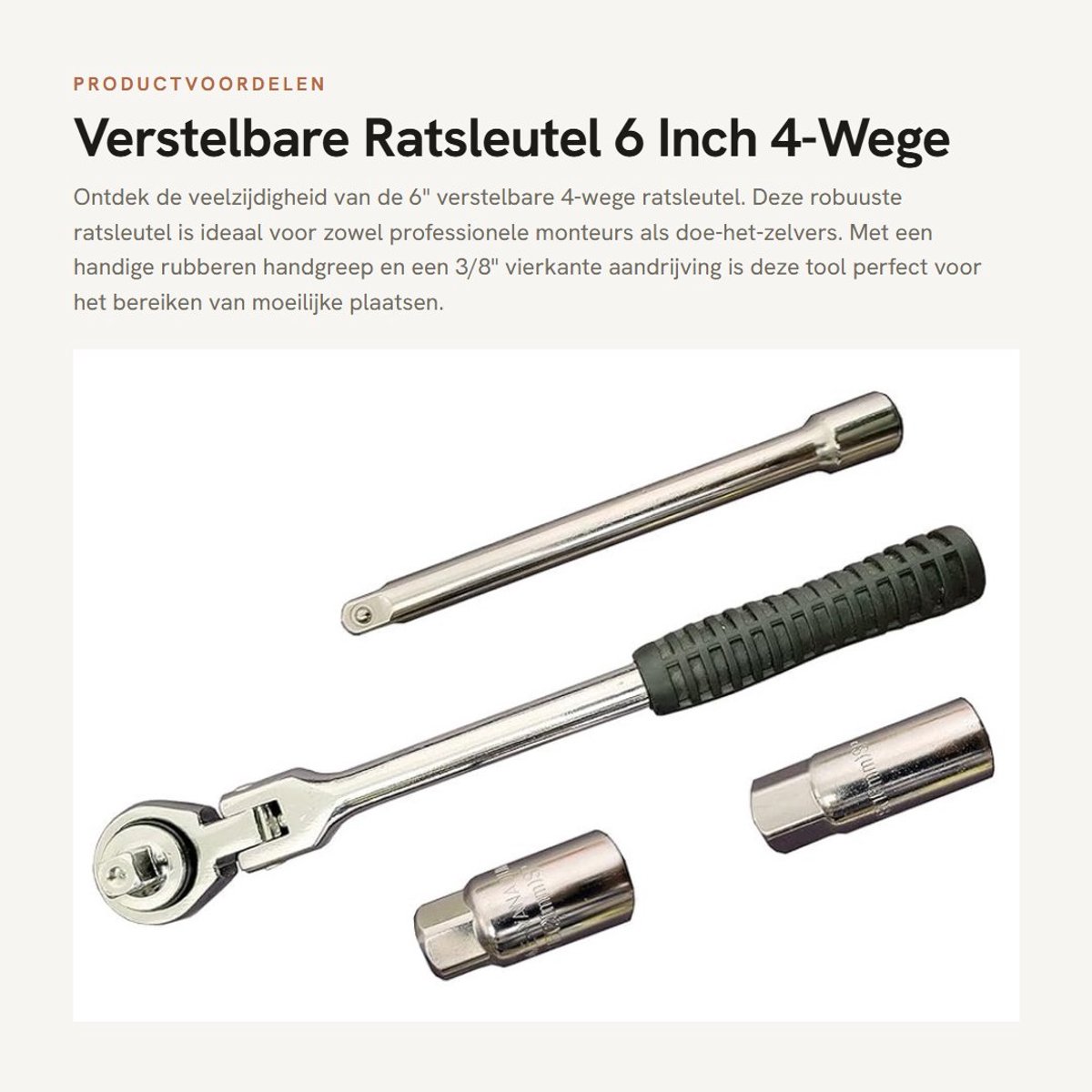 Dailygoods- Ratelmoersleutel 4-Way - Ratelsleutelset - 3/8" Aandrijving - 6" Verlengingsstaaf - Rubber Handvat - Schokbestendig Roestvrij Staal - Ratelsleutel