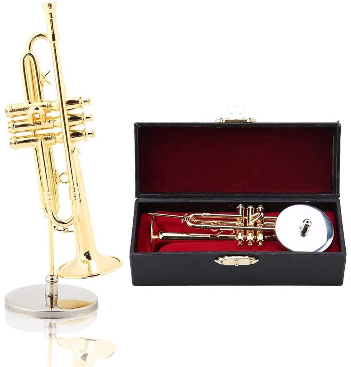 Dailygoods- Miniatuur Trompet Gouden Messing - Ornament - Decoratie - Muzikaal Cadeau - Stand - Houten Kist - Instrumentmodel