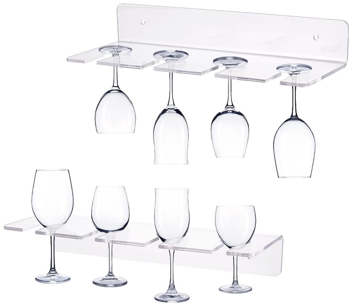 Dailygoods- Wijnglashouder Wandmontage - 2 Stuks - Acryl Glasklem - Glashouder Keuken - Displayrek Bar - Helder Materiaal - 105mm x 280mm x 47mm