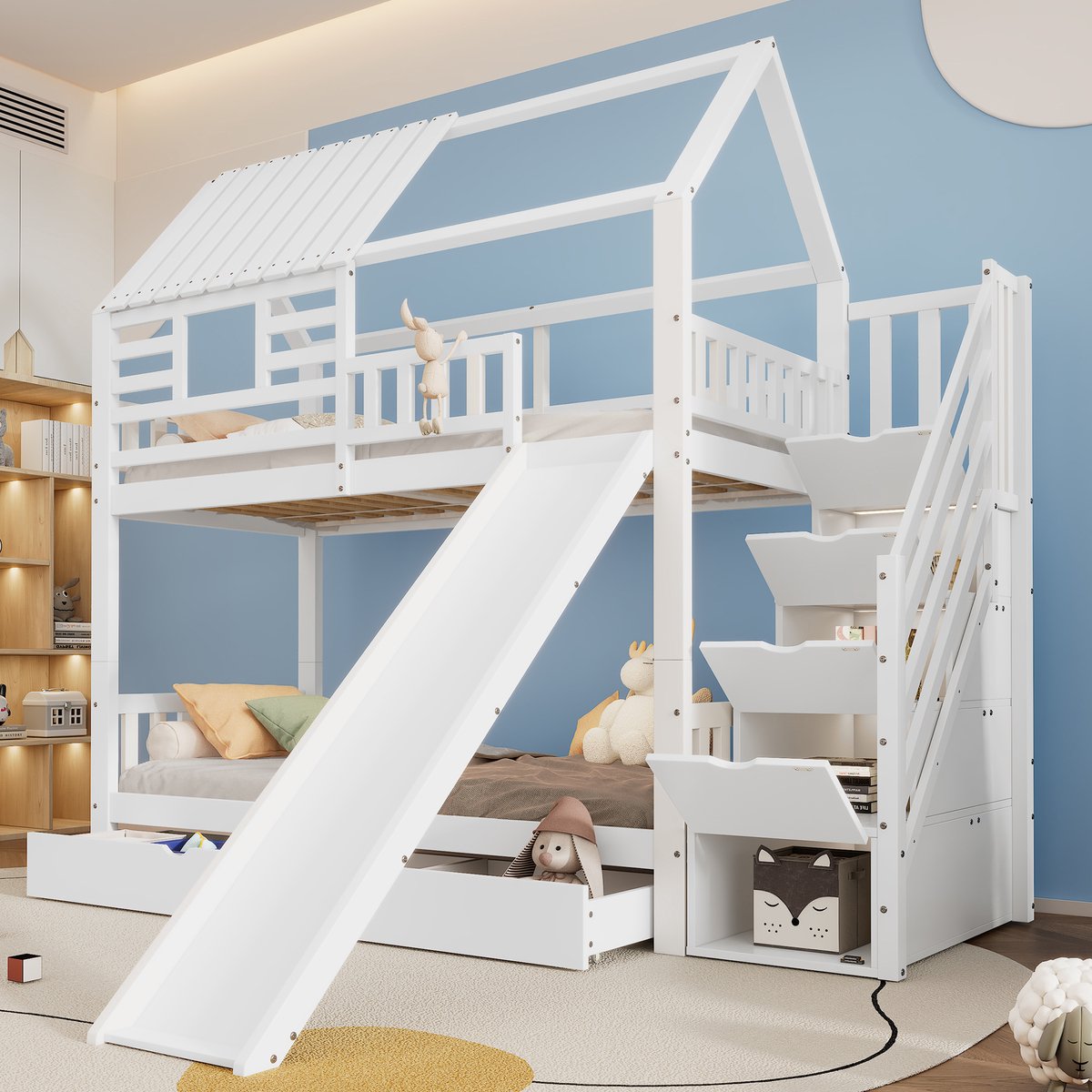 MEUNIQ stapelbed 90x200 cm met huisbed ontwerp, trap met opbergruimte, glijbaan, uitvalbeveiliging en lade voor de kinderkamer, wit
