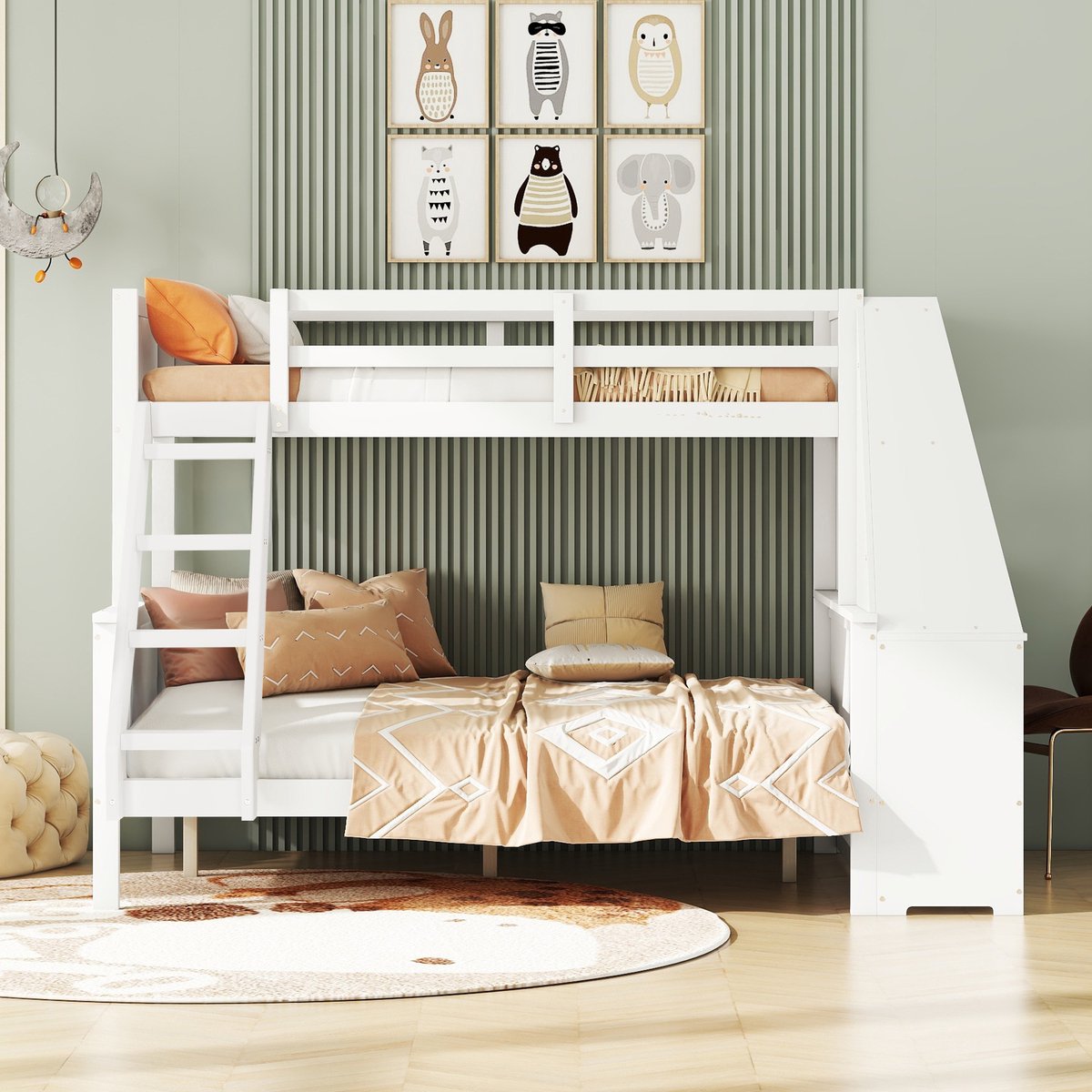 MEUNIQ stapelbed 90x200 en 140x200 cm met bureau, boekenrek, 3 lades, opbergruimte en trap voor kinderkamer, wit