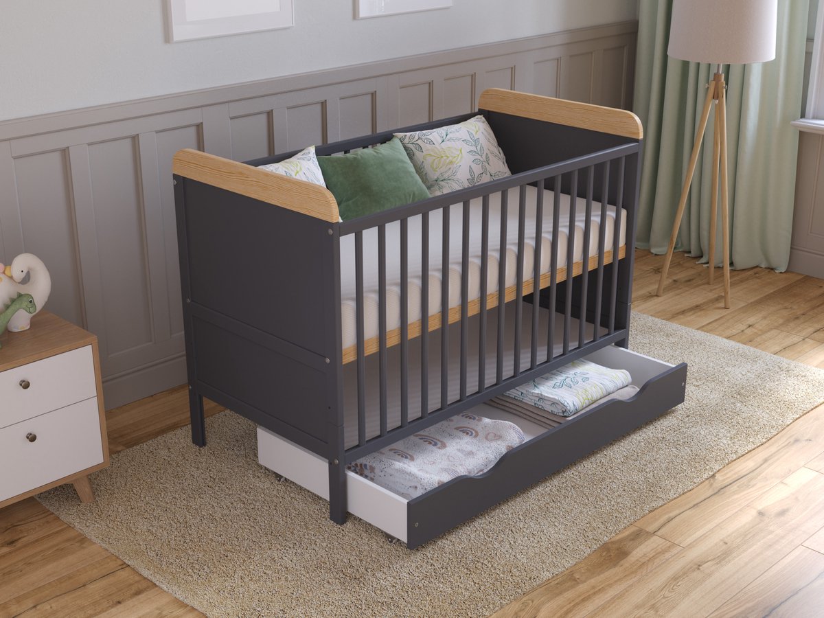 Babybed Levi hout Antraciet & Grenen 120x60 cm – ledikant met lade – ombouwbaar tot peuterbed – 3 verstelbare hoogtes