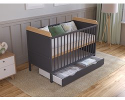 Babybed Levi hout Antraciet & Grenen 120x60 cm – ledikant met lade – ombouwbaar tot peuterbed – 3 verstelbare hoogtes