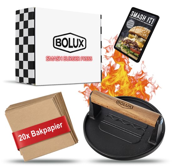 Bolux smash burger set met gietijzeren burgerpers met houten handvat, 20x bakpapier en e-book.
