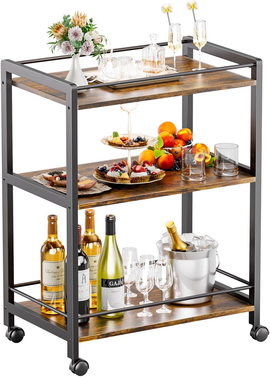 Dailygoods- Serveertrolley 3-laags - Keukenwagen - Barwagen op wieltjes - Bamboe frame - Hoogwaardig spaanplaat - Stijlvol design