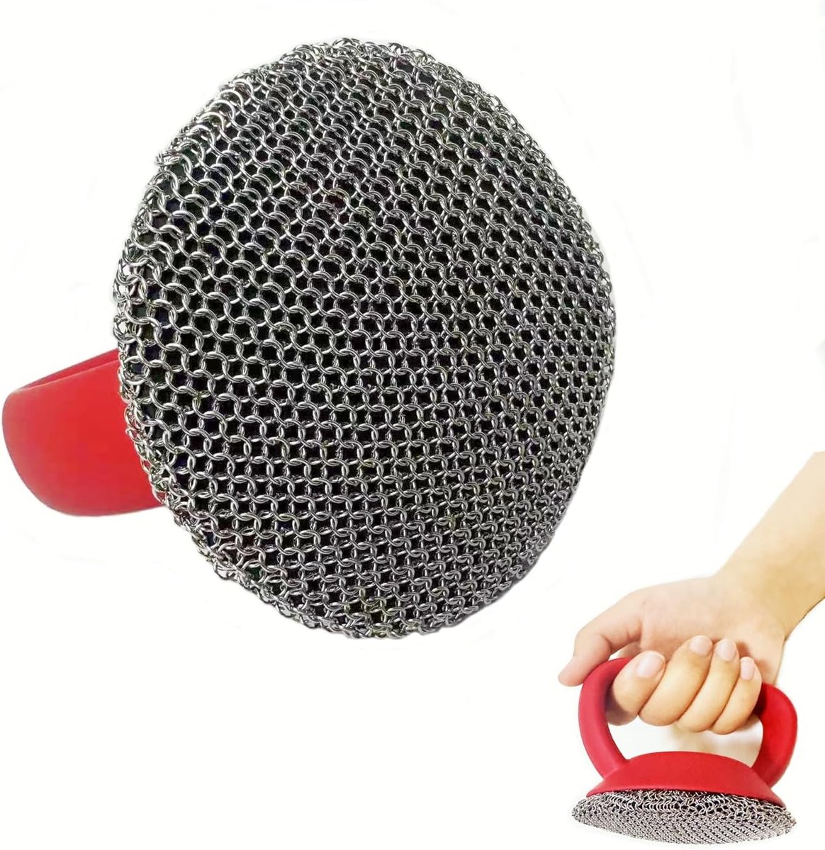 Gietijzeren Scrubber - Chainmail Cleaner - Koekenpannen Reinigen - Ergonomisch Handvat - 10 cm - Zilver