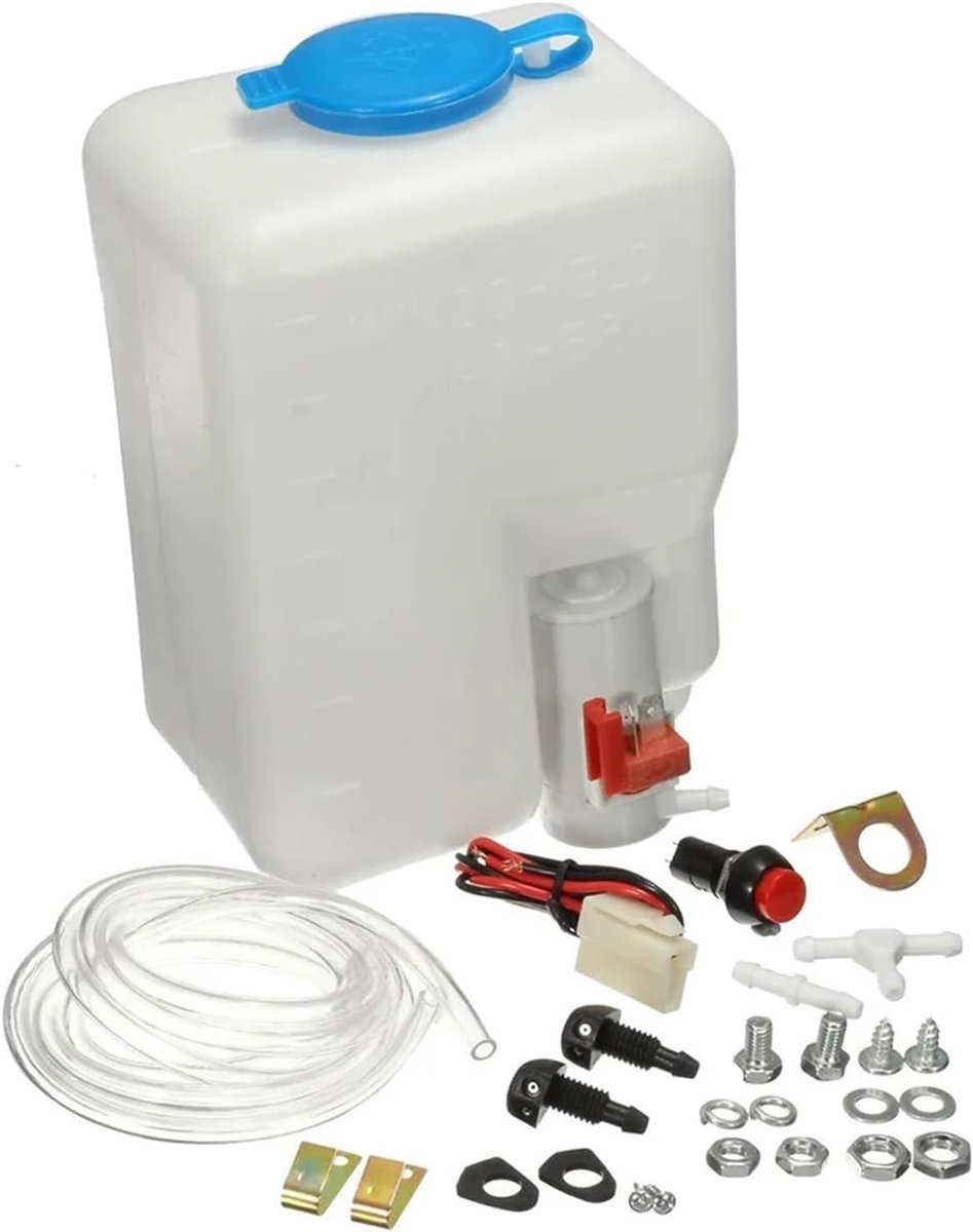 Ruitenwissersysteem Reservoir Kit - Sproeier Fles Tank - Voorruit Reinigen - Universele 12V Pomp - 1.8L Fles - Zwart