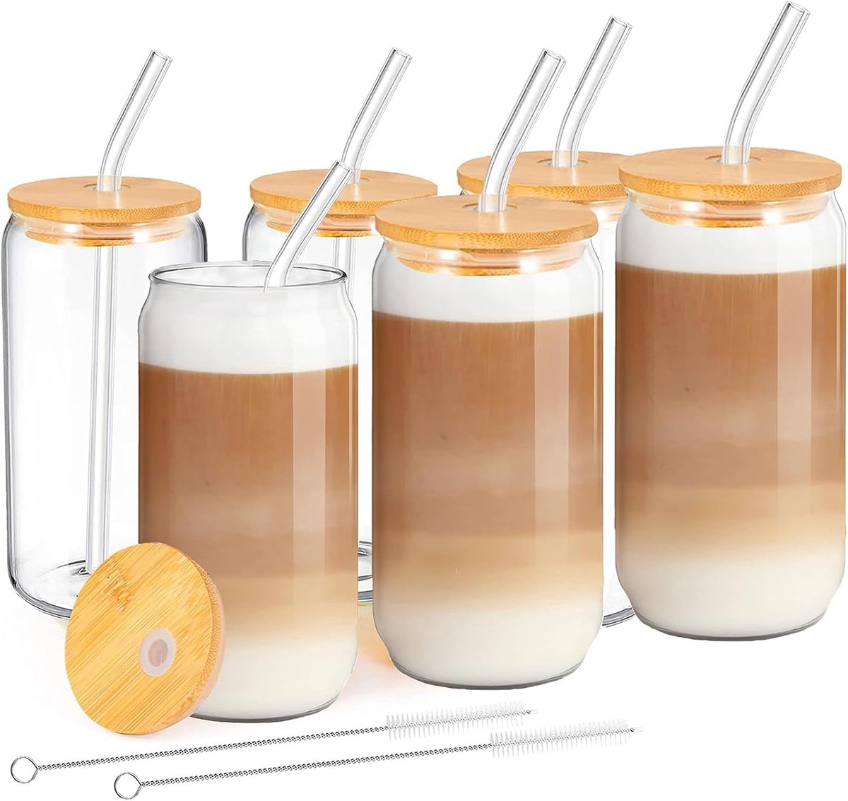 PromoHome Drinkglazen met Deksel en Rietje - 500ml Iced Coffee Glas - Blikvorm - 6 Delig - Borosilicaat Glas - Vaatwasserbestendig