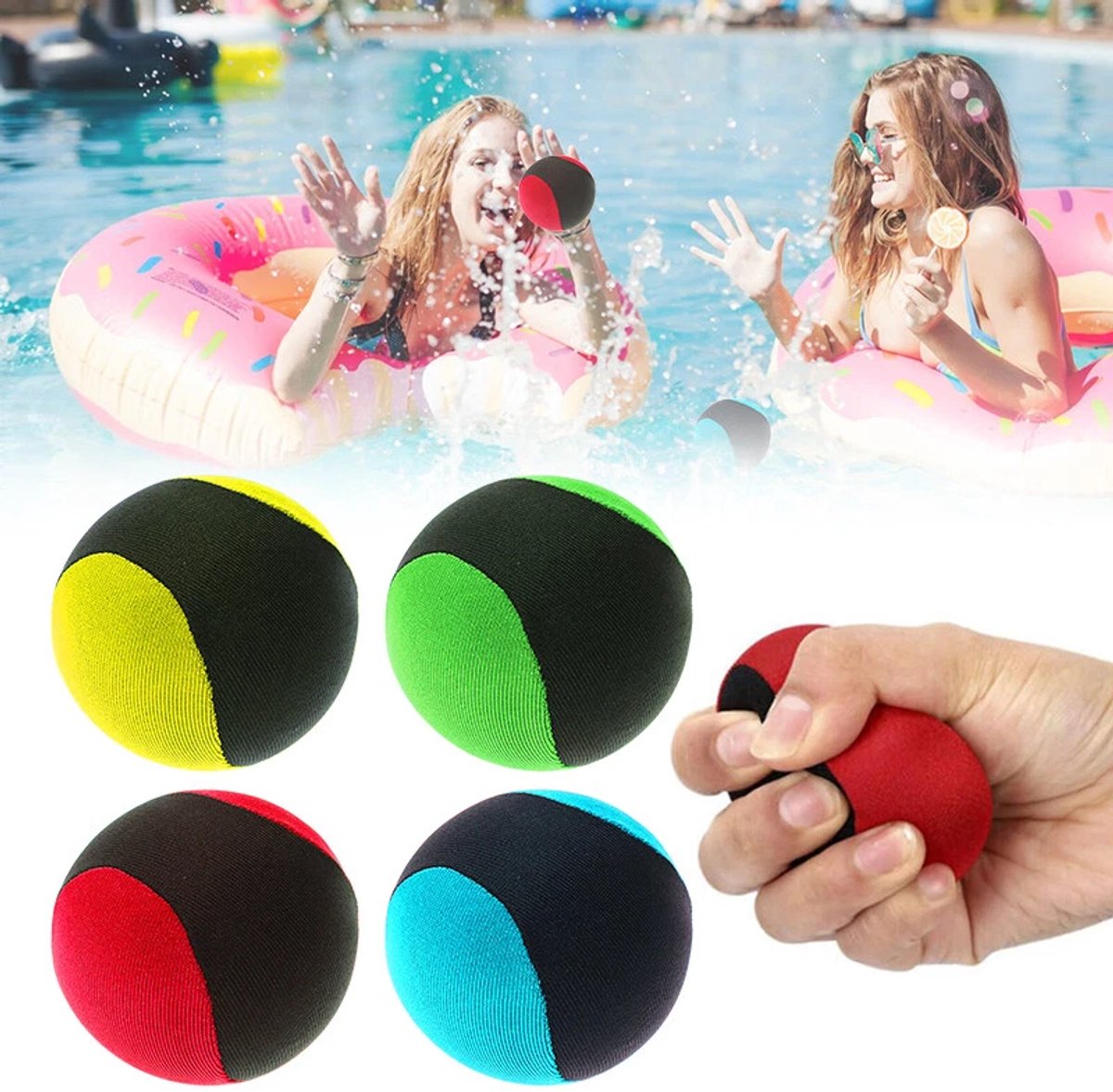 Herbruikbare stuiterbal voor buiten en op het strand – 4-pack – Speelgoed voor zwembad en watersport – Zachte zwembal – Waterspeelgoed voor kinderen en volwassenen-Rood, groen, geel, blauw