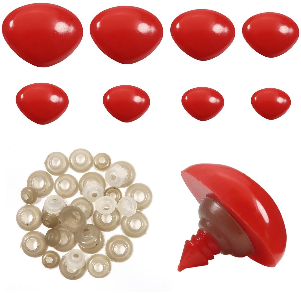 Dailygoods- Veiligheidsneuzen 33 stuks - Rood - Kunststof - Maten 9/11/15/18/20/23/26/29 mm - Sluitringen - Ideaal voor knutselprojecten - Poppenneuzen