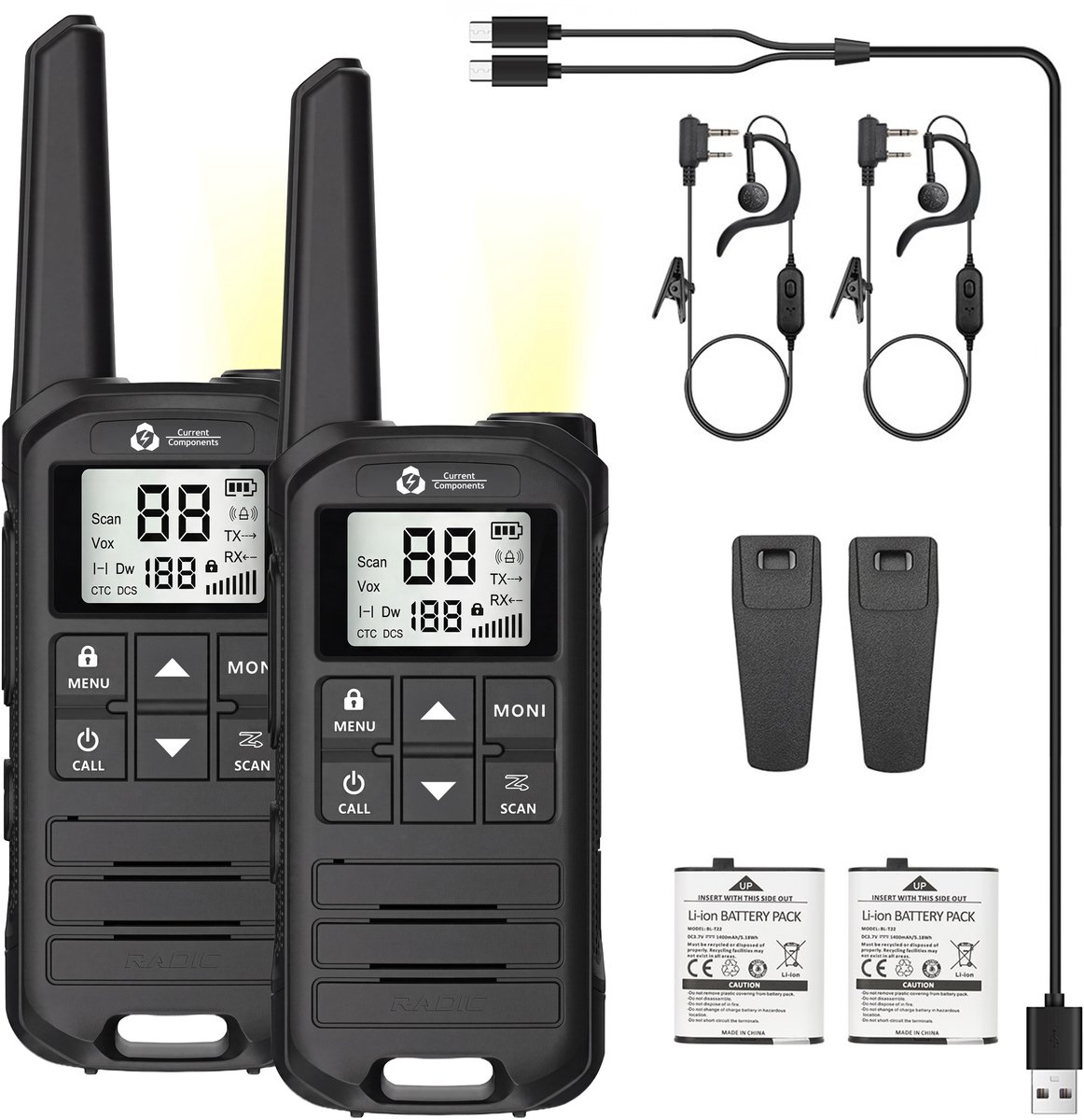 Current Components F22 - Portofoon 2 Stuks - Walkie Talkie - 5km Bereik - PMR 446 Mhz - LED Zaklamp