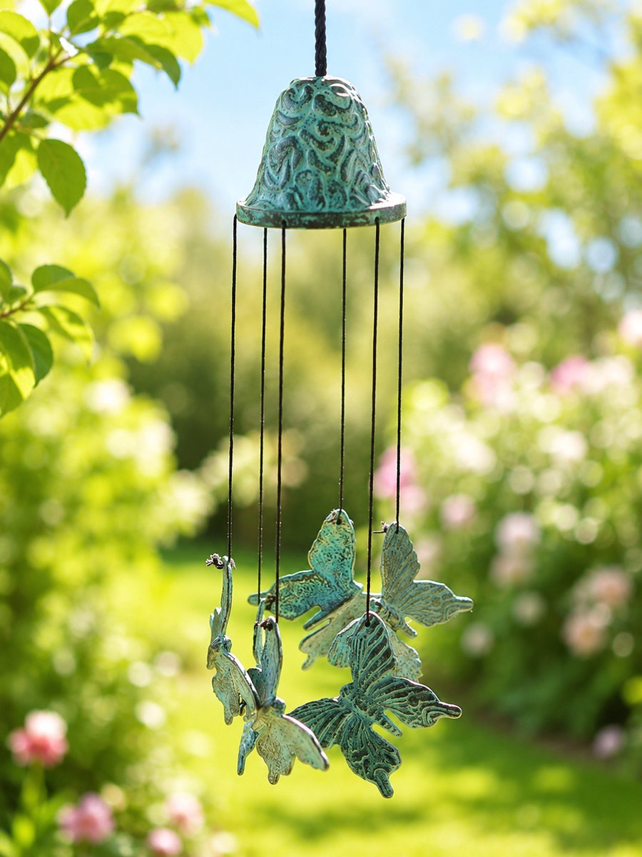 Beeld brons - Windgong met vlinders - 30 cm hoog - Bronzartes