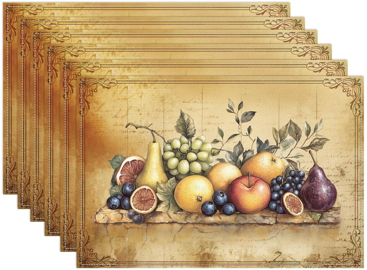 Dailygoods - WADORN 6 Stks Verse Fruit Boerderij Placemats, 29 x 49 cm Vintage Fruit Oogst Tafelmatten voor Party Dining Decoratie Kleurrijke Wasbare Afveegbare Placemat Doek voor Thuis Keuken Eettafel